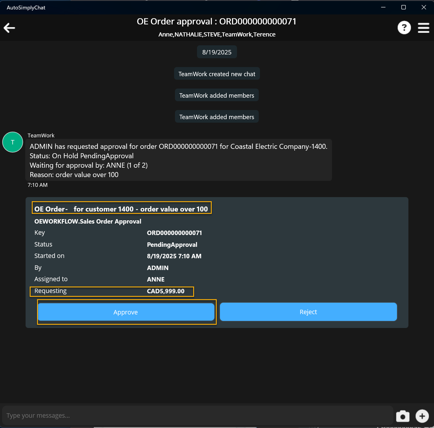 screenshot of anne being able to approve the sales order in ac chat