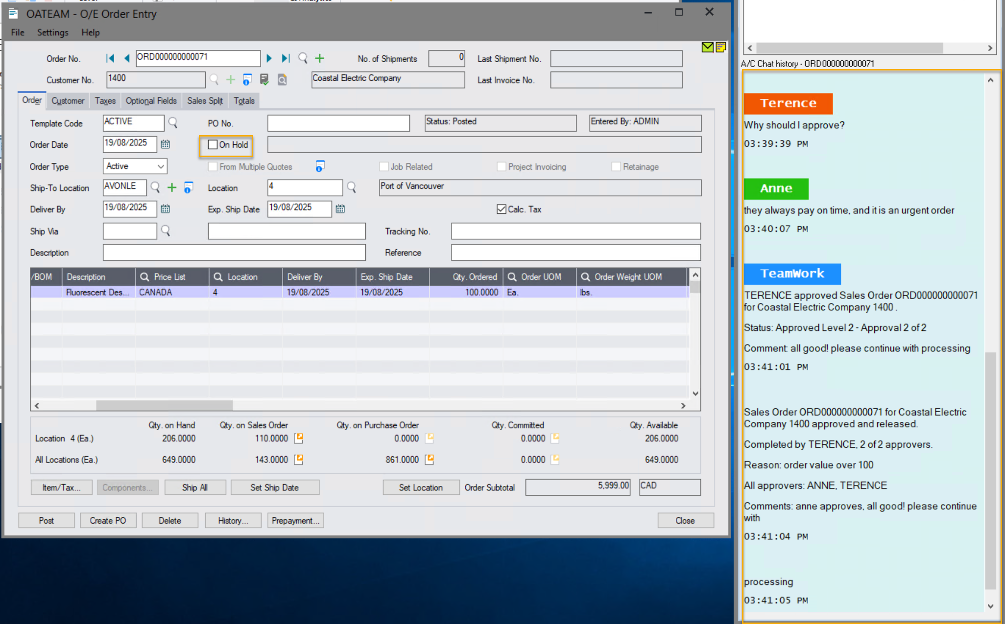 order taken off hold in sage 300 with approval steps on right in tray