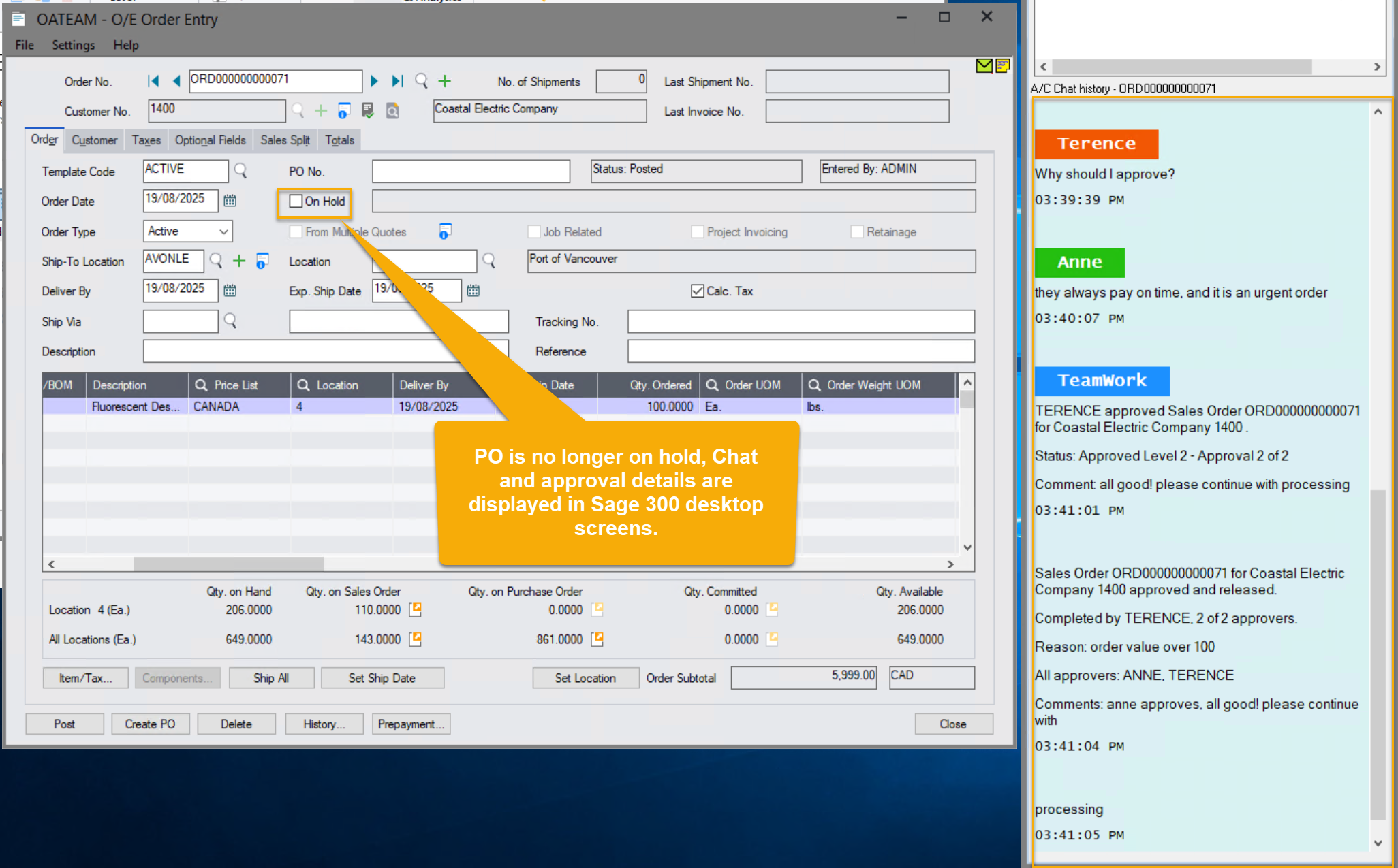 screenshot showing oe screen no longer on hold after teamwork workflow implementation
