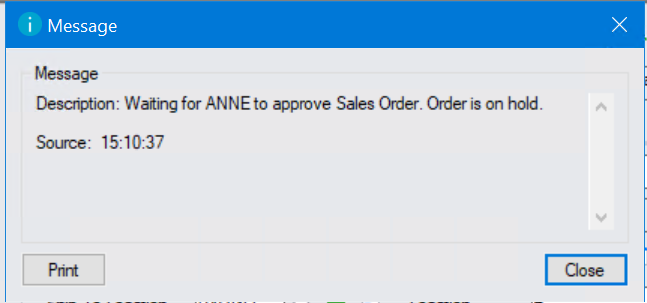 message from order entry sales order approval workflow screenshot